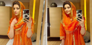 Urvashi Rautela पर चढ़ा भगवा रंग का खुमार , बोल्डनेस की छवि तोड़ देसी लुक में आईं नजर